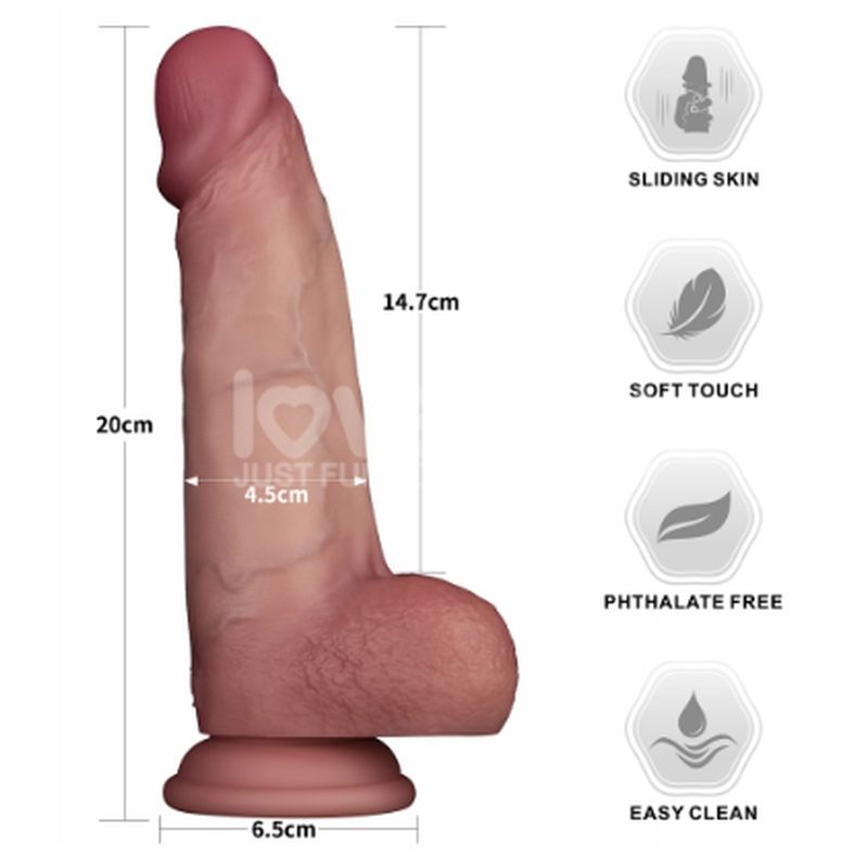 Sliding Skin Pro Dual Layer Silicone Dong 8in next to measurement guide and feature icons, showcasing its realistic design.