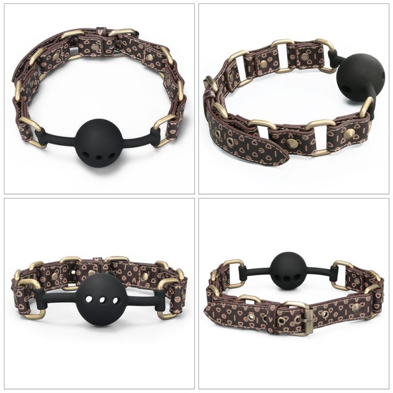 Rebellion Reign Ball Gag made of brown PU leather, featuring a breathable silicone ball for luxury bondage ball gag experience.