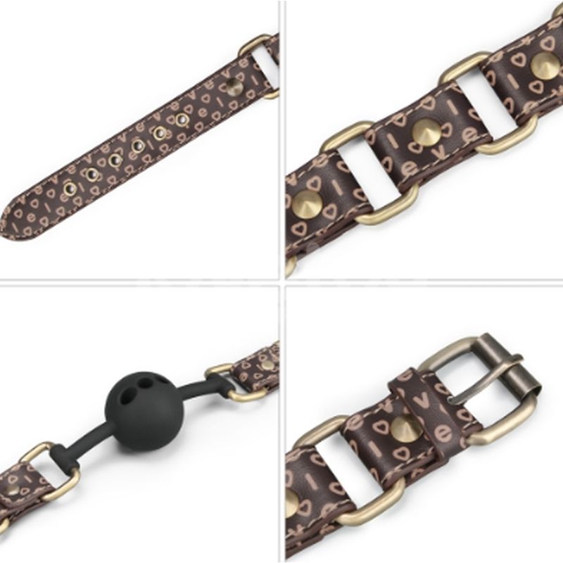 Rebellion Reign Ball Gag showing luxurious brown PU leather, antique bronze spikes, and breathable silicone ball for luxury bondage ball gag.