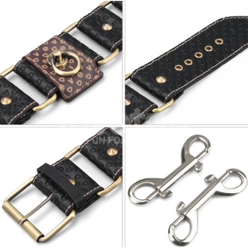 Close-up of faux leather ankle cuffs featuring adjustable straps and metallic hardware details.
