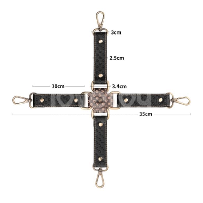 Product image of the Rebellion Reign Hogtie Set, showcasing design and measurements of a bondage hogtie set.