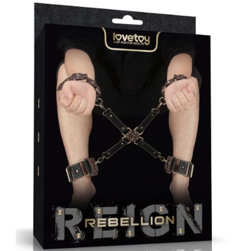 Rebellion Reign Hogtie Set packaging showcasing bondage hogtie set with vintage-style bronze spikes and cuffs.