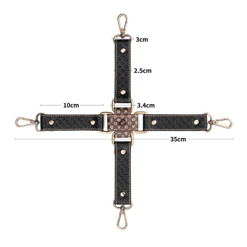 Rebellion Reign Hogtie Set showing black leather design with vintage-style bronze spikes and measurements.