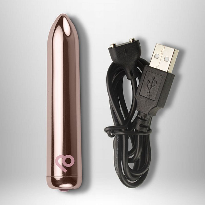 Golden Rose Rechargeable Bullet Vibrator alongside its USB charging cable for discreet pleasure and powerful stimulation.