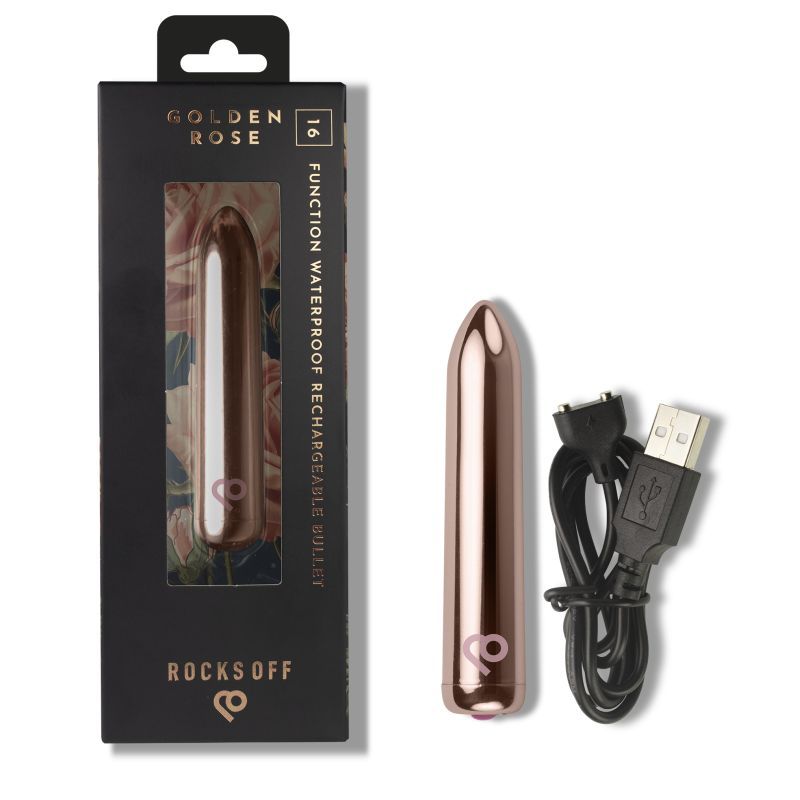 Golden Rose Rechargeable Bullet vibrator with USB charging cable in elegant packaging.