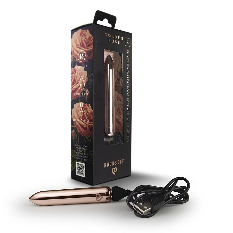 Golden Rose Rechargeable Bullet vibrator in elegant packaging with USB charging cable for on-the-go pleasure.