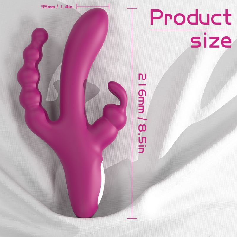 Joker Triple Ecstasy Vibrator showcasing product size with dimensions, ideal for triple stimulation vibrator experience.