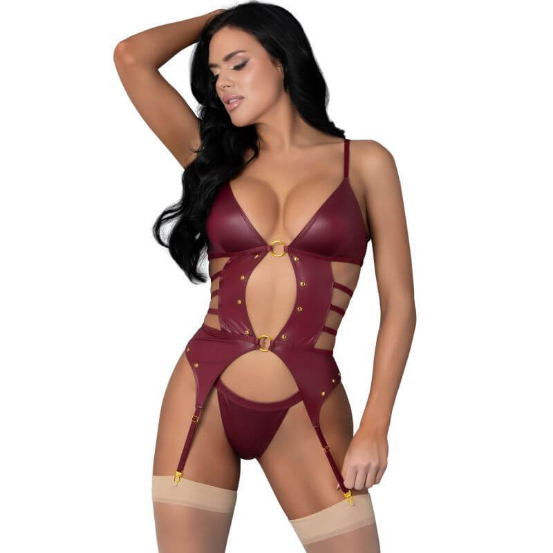 Kira Burgundy Kiss two piece lingerie set featuring a basque with decorative rings and adjustable straps.