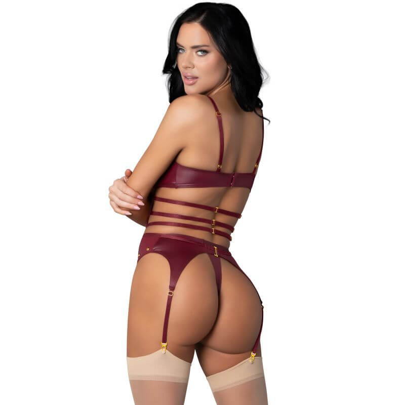 Kira Burgundy Kiss two piece lingerie set featuring an open-front design and adjustable straps for a customizable fit.
