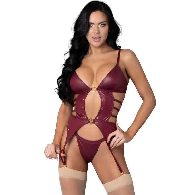 Kira Burgundy Kiss Two Piece Set Exposed Lingerie Discreet Intimate Essentials.