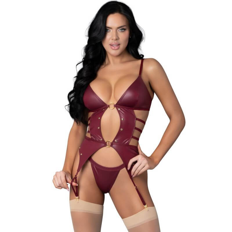 Kira Burgundy Kiss two piece lingerie set featuring an open-front design and adjustable straps for a customizable fit.