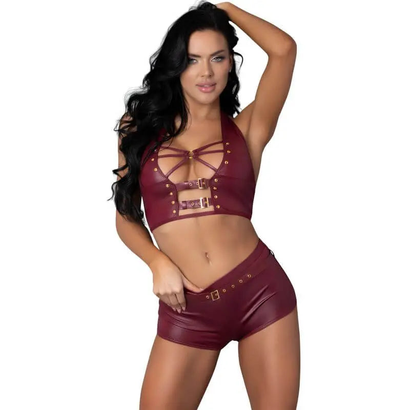 Thalia Burgundy Tease Two Piece Set Exposed Lingerie Discreet Intimate Essentials.