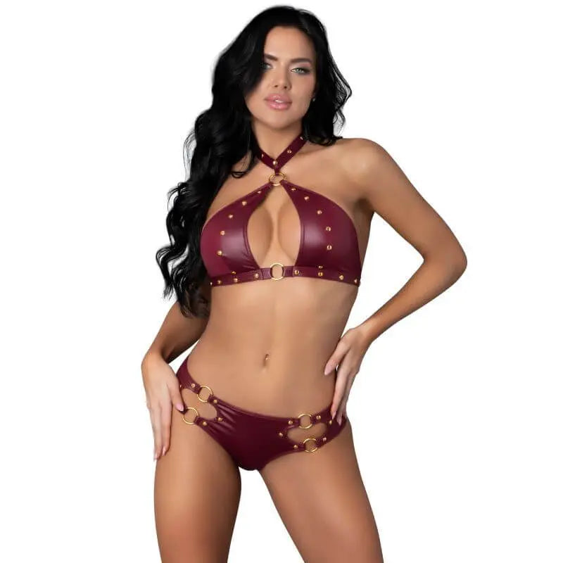 Juno Burgundy Jewel Two Piece Set Exposed Lingerie Discreet Intimate Essentials.