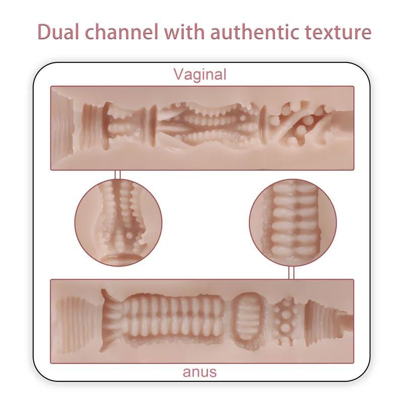 Lifelike torso masturbator with remote featuring dual channel design and authentic texture for vaginal and anal pleasure.