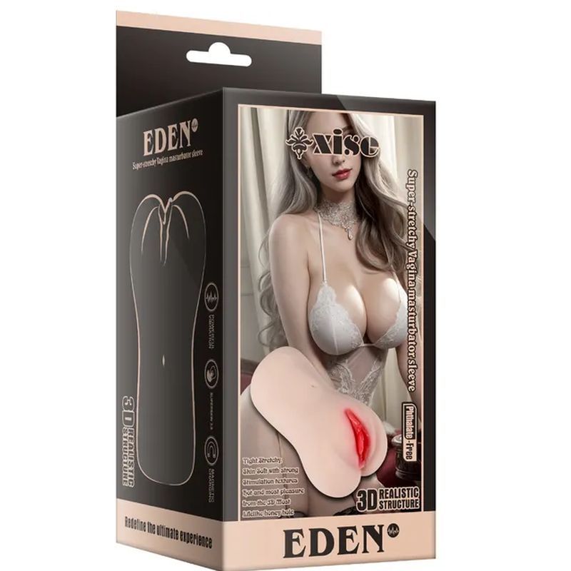 Eden Vibrating Vaginal Masturbator packaging showcasing realistic structure and design for intimate essentials.