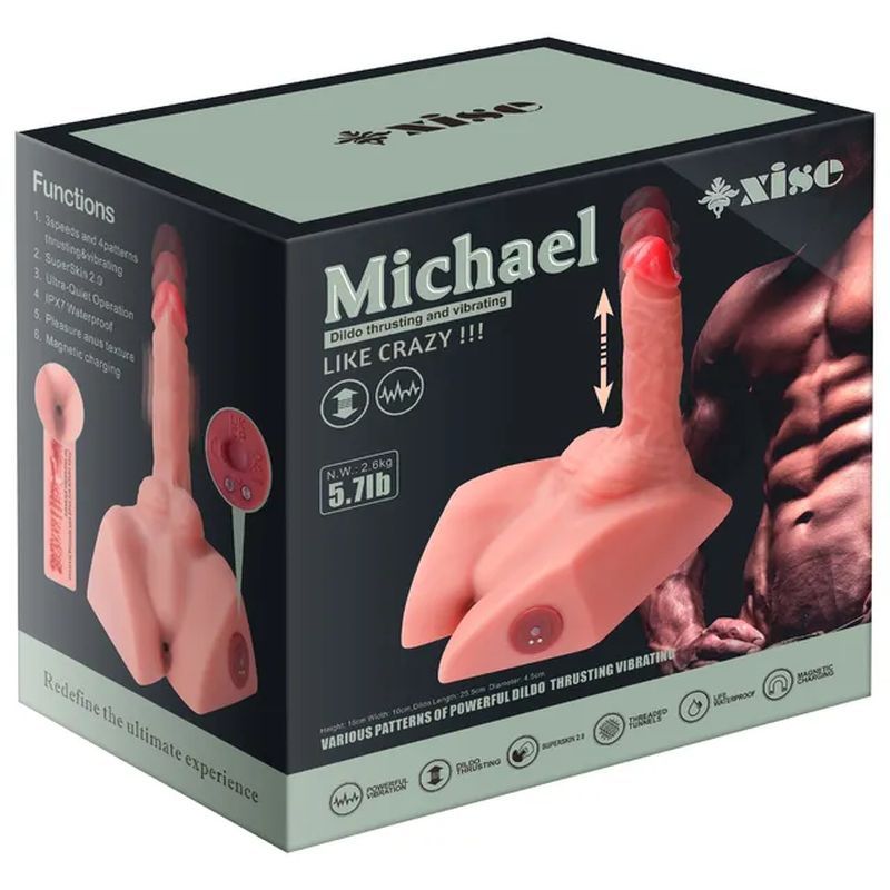 Michael 2.5kg USB Auto Thrusting 20cm Male Cock and Ass product packaging, showcasing features and design.
