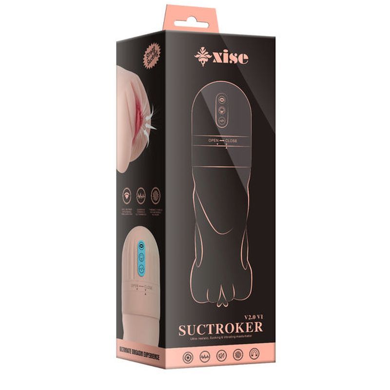 Suctroker Dual Density Vibrating Sucking Vaginal Masturbator V2.0 packaging showcasing its lifelike design and features.