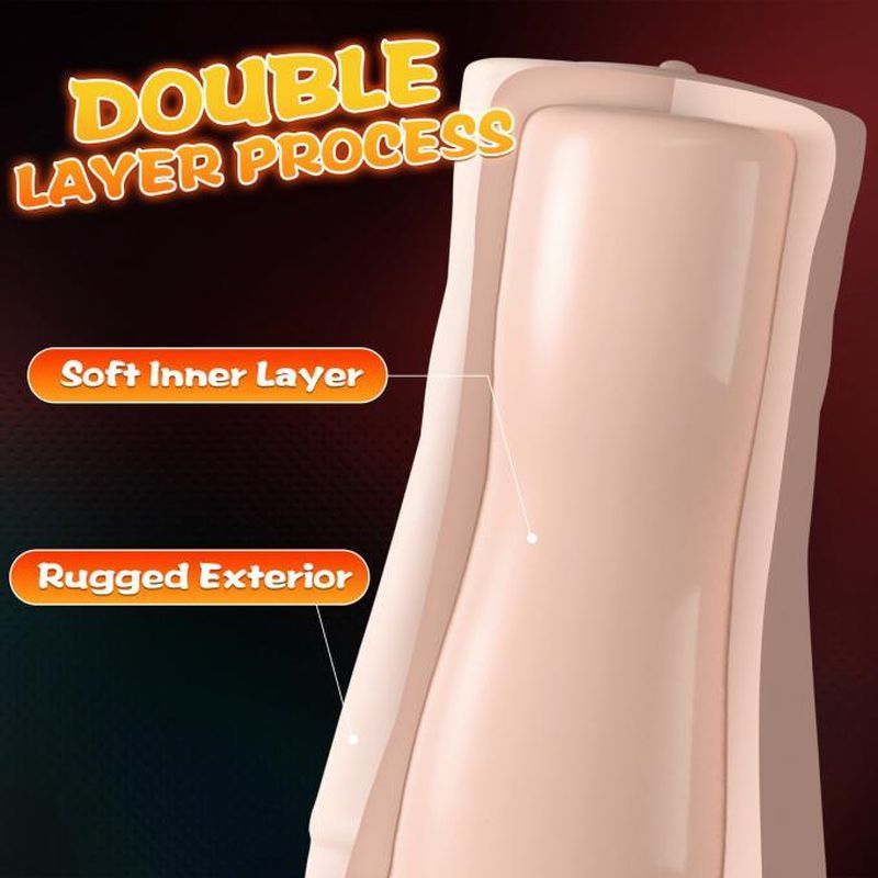 Illustration showing the double layer process of the dual layer vibrating masturbator with soft inner layer and rugged exterior.