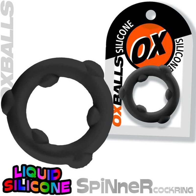 Spinner Silicone Ring Black, premium liquid silicone cockring for hard play and comfort.