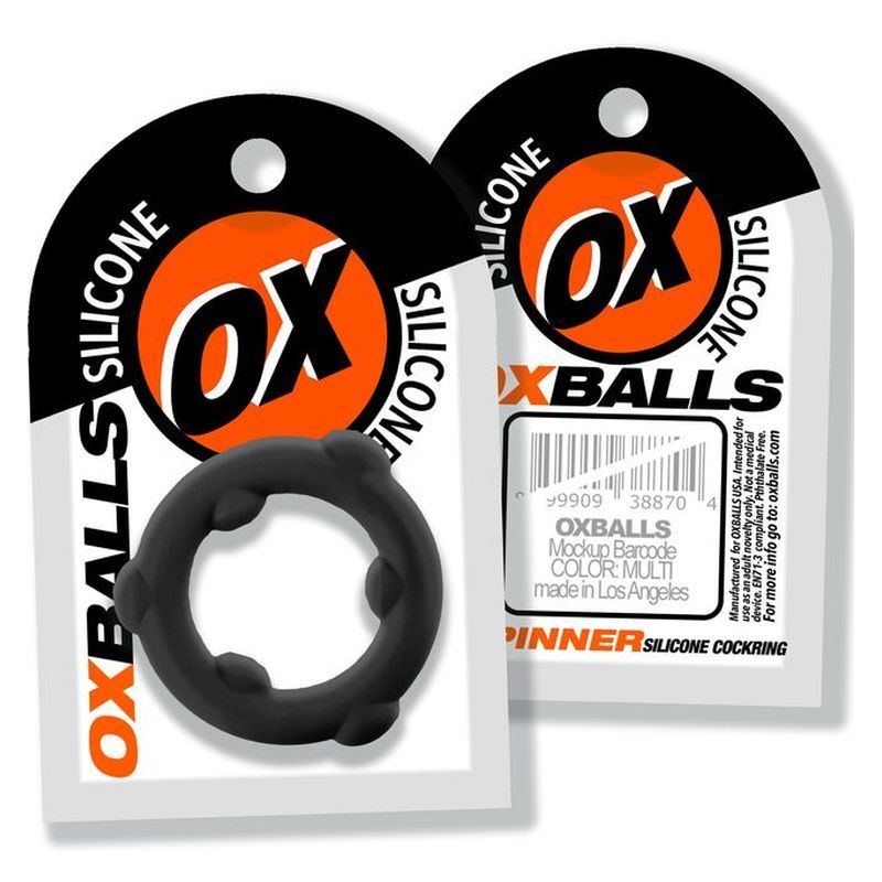 Spinner Silicone Ring Black with packaging by Oxballs, premium liquid silicone cockring for intense play.
