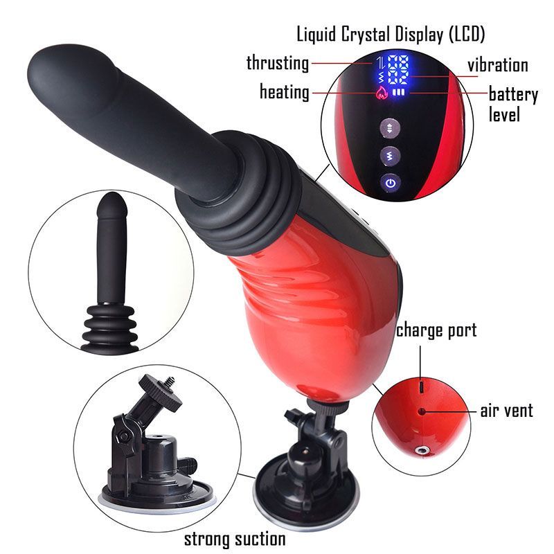Thrusting vibrating sex machine featuring LCD, heating, thrusting, and strong suction capabilities.