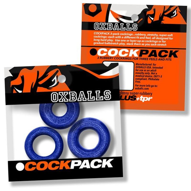 Cockpack 3 Pc Ring Set Blue by OXBALLS, featuring a cockring set for versatile fit and comfort.