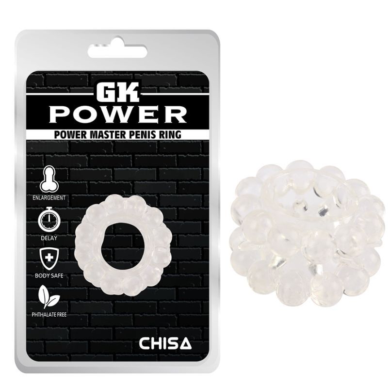 Power Master Ring Clear: a clear cockring for comfort, featuring a bubble-textured design and made from stretchy, body-safe TPE.