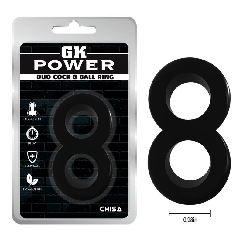 Duo Cock Ring for erectile enhancement in a sleek black 8 ball design, enhancing performance and pleasure.
