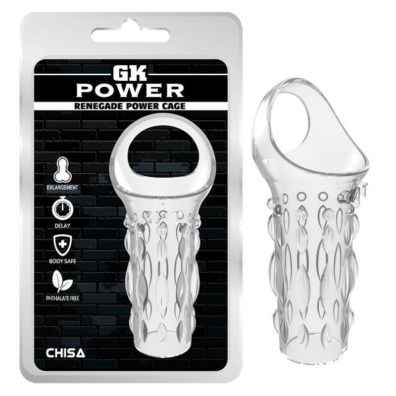 clear power cage restraint in packaging with textured design, suitable for enhanced pleasure and body-safe material.