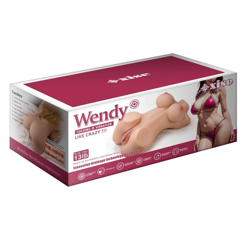 Wendy 6kg Remote Control Pussy And Ass Female Torso packaging with suction and vibration features.