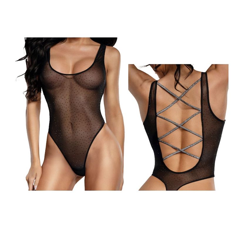 DreamGirl sheer mesh rhinestone teddy in black featuring a deep-cut open back and sparkling rhinestone accents.