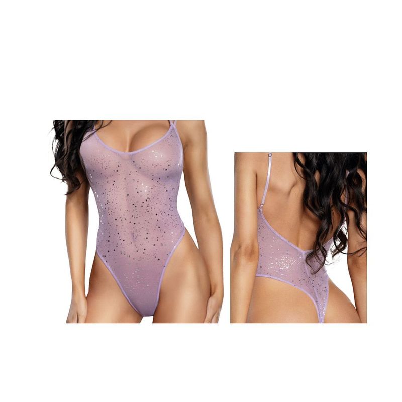 DreamGirl Ombre Glitter Mesh Teddy Lilac featuring shimmering mesh and adjustable straps for a sexy silhouette.