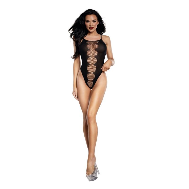 DreamGirl fishnet peek-a-boo teddy in black, featuring daring fishnet inserts and high-cut legs.
