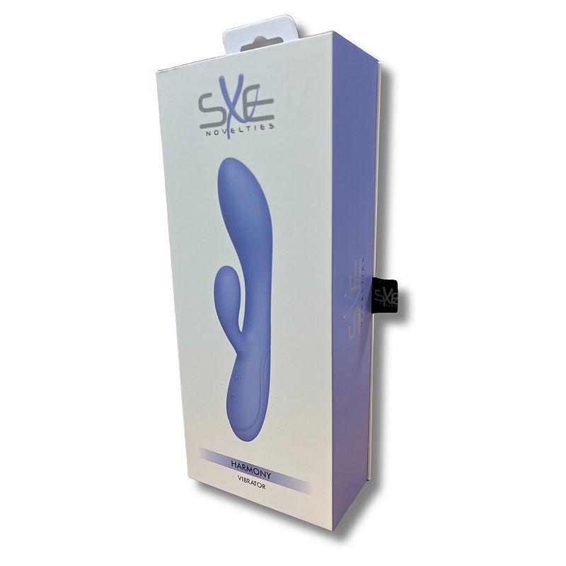 Harmony G-Spot Rabbit packaging featuring silky medical-grade silicone design for dual stimulation.