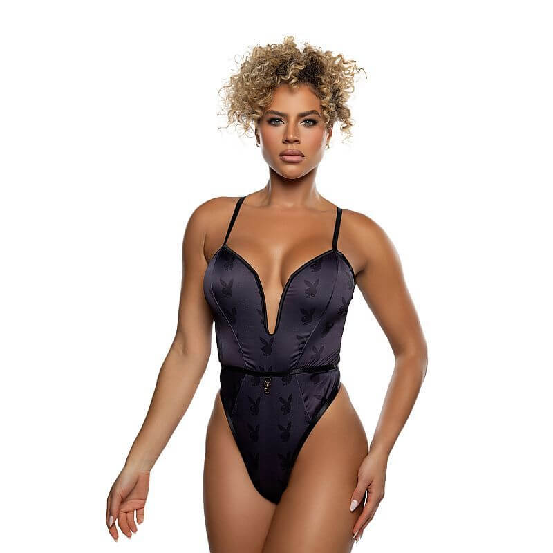 Model wearing the Playboy Blackout Bunny Romper, featuring deep V neckline and Bunny print for a bold look.