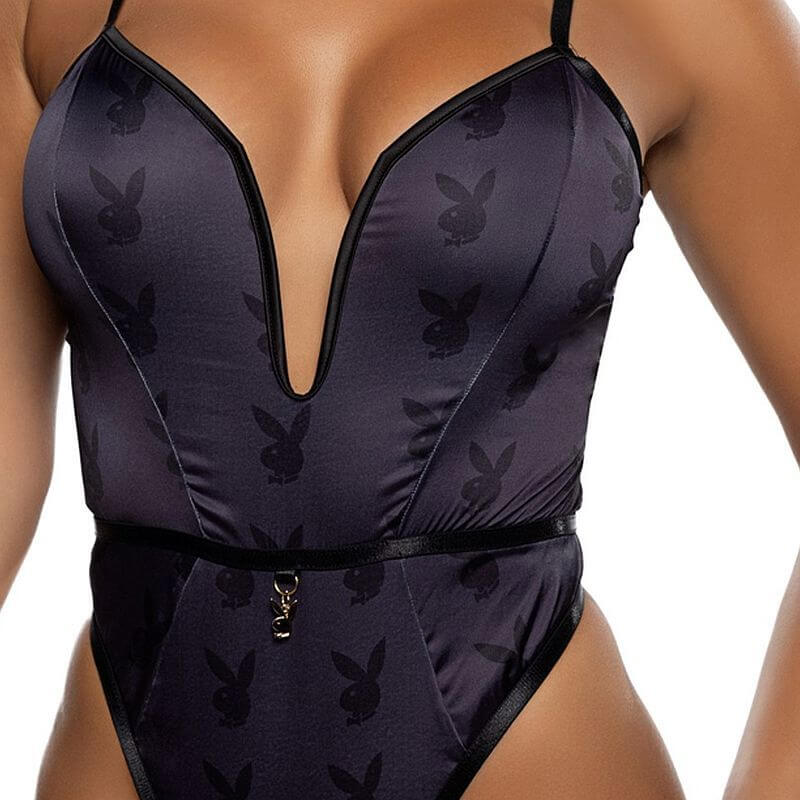Playboy Blackout Bunny Romper featuring a deep V neckline and Bunny print design.
