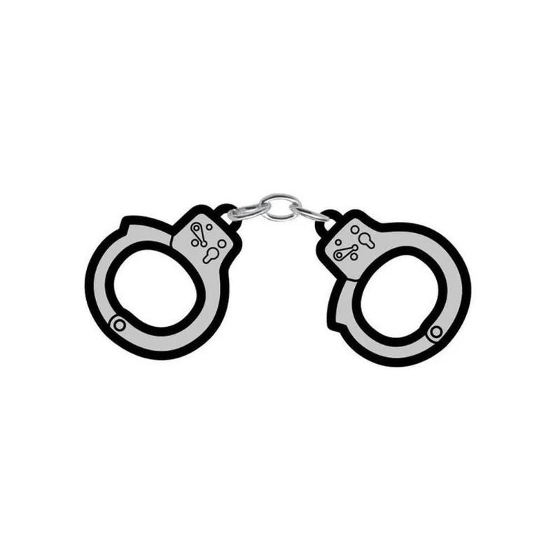 Handcuffs enamel pin featuring cute soft enamel cuffs connected by a miniature chain, adding a touch of kink enamel pin style.
