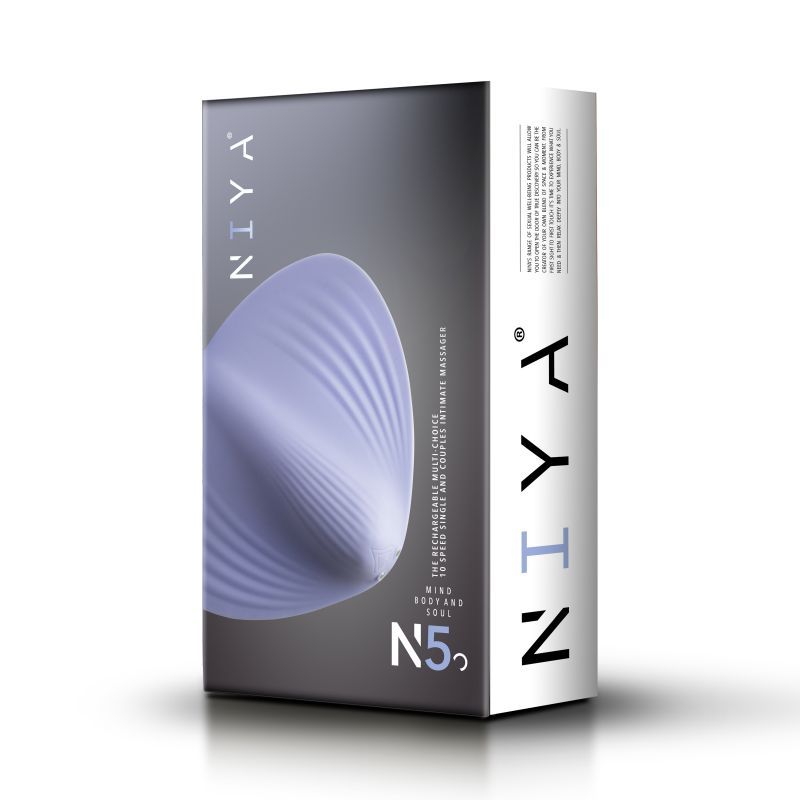 NIYA 5 Silicone Rechargeable Massager packaging showcasing flexible design for intimate essentials and pleasure stimulation.