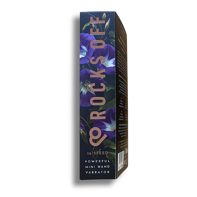 Rechargeable mini wand vibrator packaging featuring 16 speeds and a purple floral design.