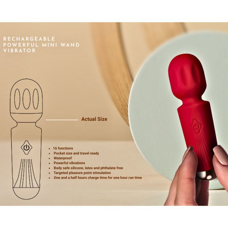 Rechargeable mini wand vibrator featuring 16 functions, waterproof design, and body-safe silicone for targeted pleasure.