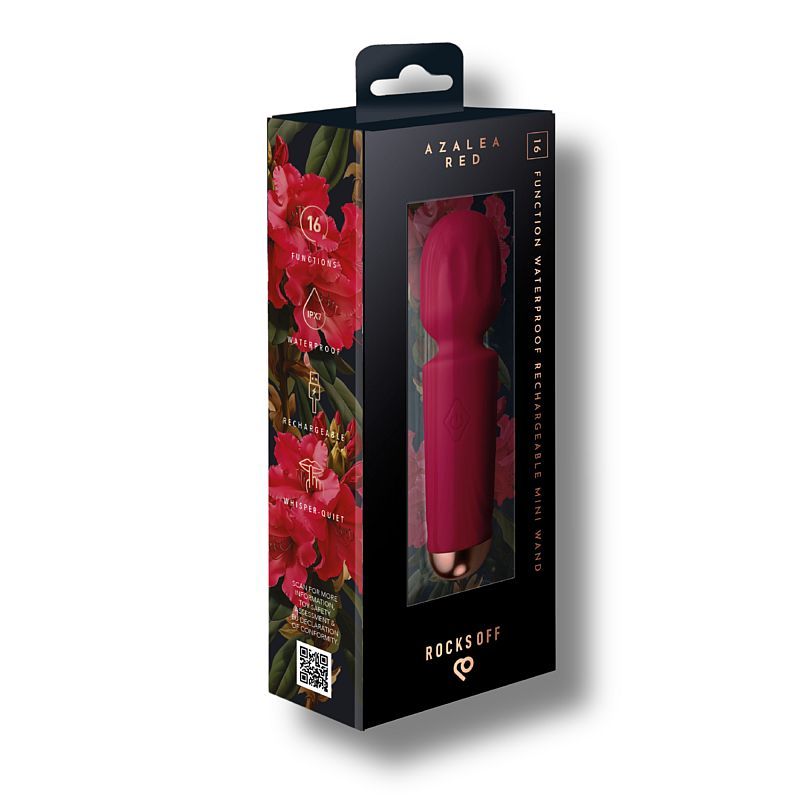 Rechargeable silicone mini wand Azalea Red packaging featuring 16 functions and waterproof design.