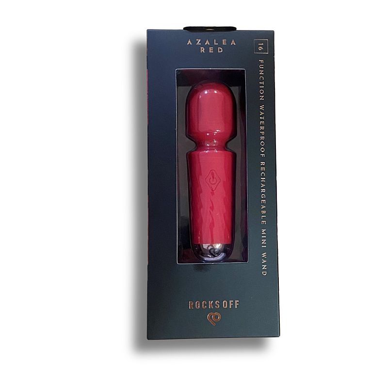 Rechargeable silicone mini wand Azalea Red in sleek packaging with waterproof features and 16 functions.