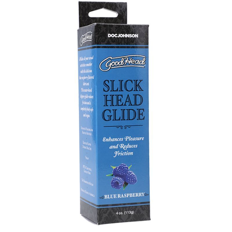 GoodHead Slick Head Glide Blue Raspberry 4 oz/113g packaging, enhancing pleasure and reducing friction.