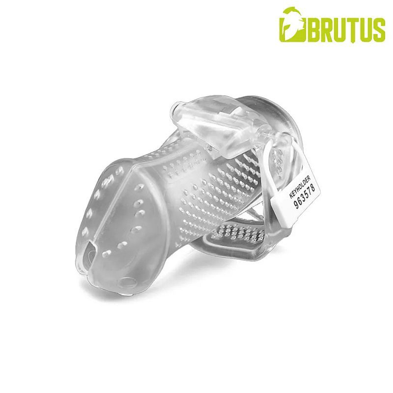 Brutus Airmesh chastity cage showing clear design with ventilation holes for comfort and breathability.