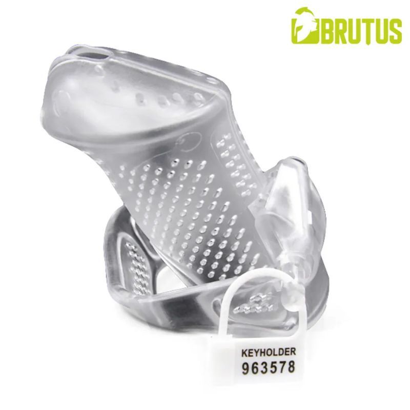 Brutus Airmesh chastity cage clear design with ventilation holes for comfortable long-term wear.