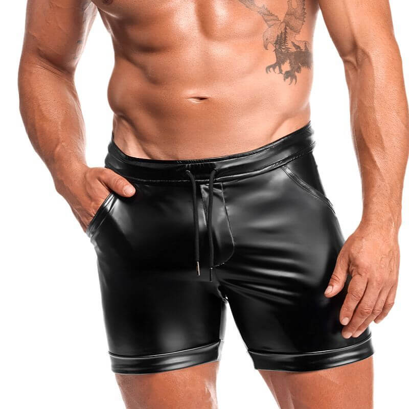 Rogue Shorts for men in black, made from high-shine powerwetlook fabric, perfect for confident everyday wear.