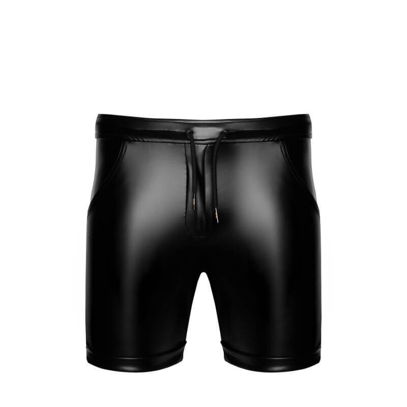Rogue Shorts in high-shine black powerwetlook fabric featuring functional pockets and adjustable drawstring waist.