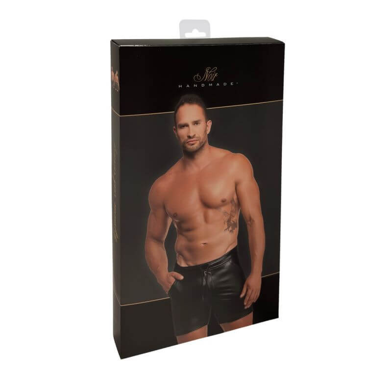 Rogue Shorts packaging featuring a muscular model, showcasing sleek design and high-shine powerwetlook fabric.