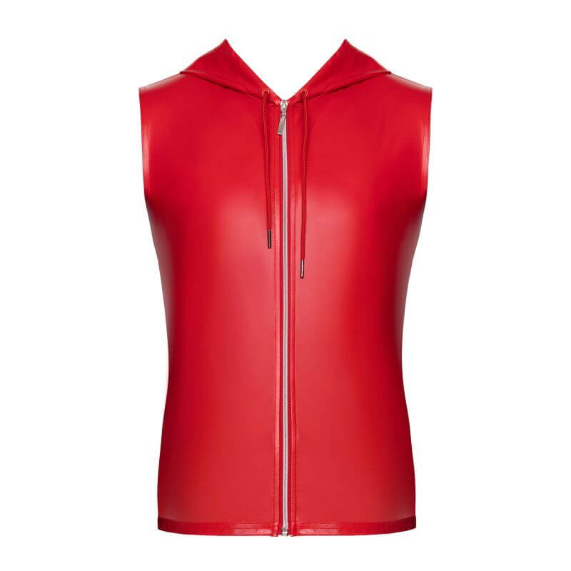 Rogue Shorts in high-shine powerwetlook fabric, red sleeveless hooded top with zip.