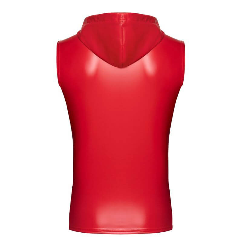 Red sleeveless hoodie with a shiny finish, showcasing a modern design for stylish casual wear.